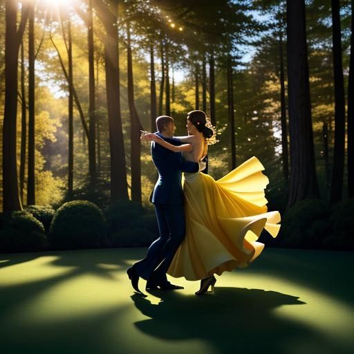 The low angle shot emphasizes the energy and vibrancy of the scene. The figures are framed by the trees, creating a sens...