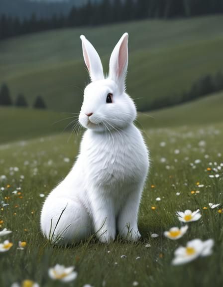 Cuddly White Rabbit in a Sunny Meadow
