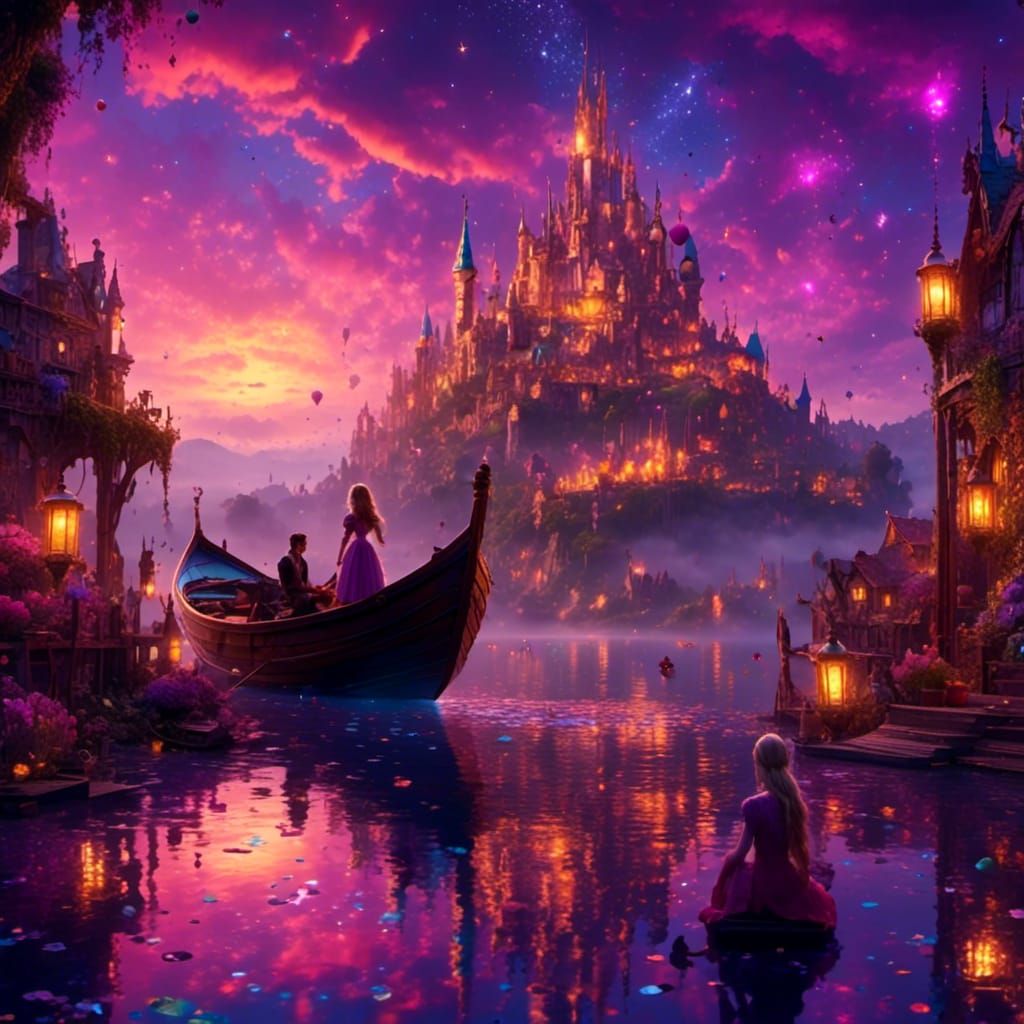 Rapunzel and Flynn Rider at Sunset on Lake