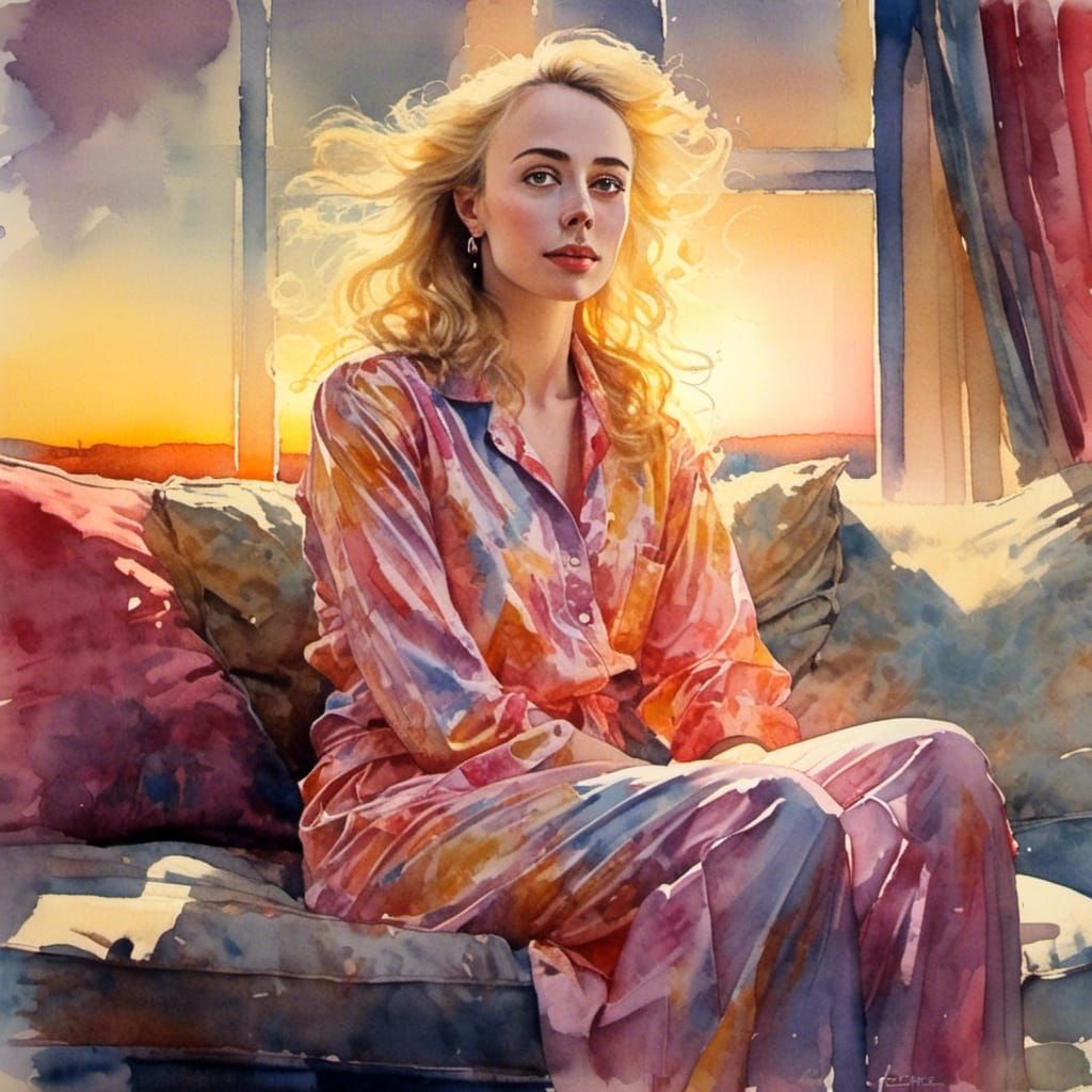 Gorgeous Girl in Watercolor Sunset Sky, Golden Age Style