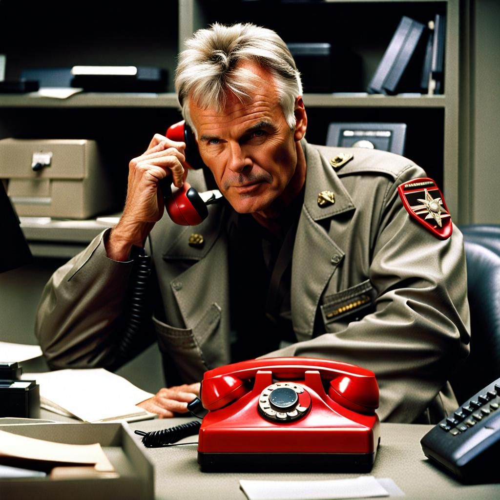 General with Red Phone in Concrete Office