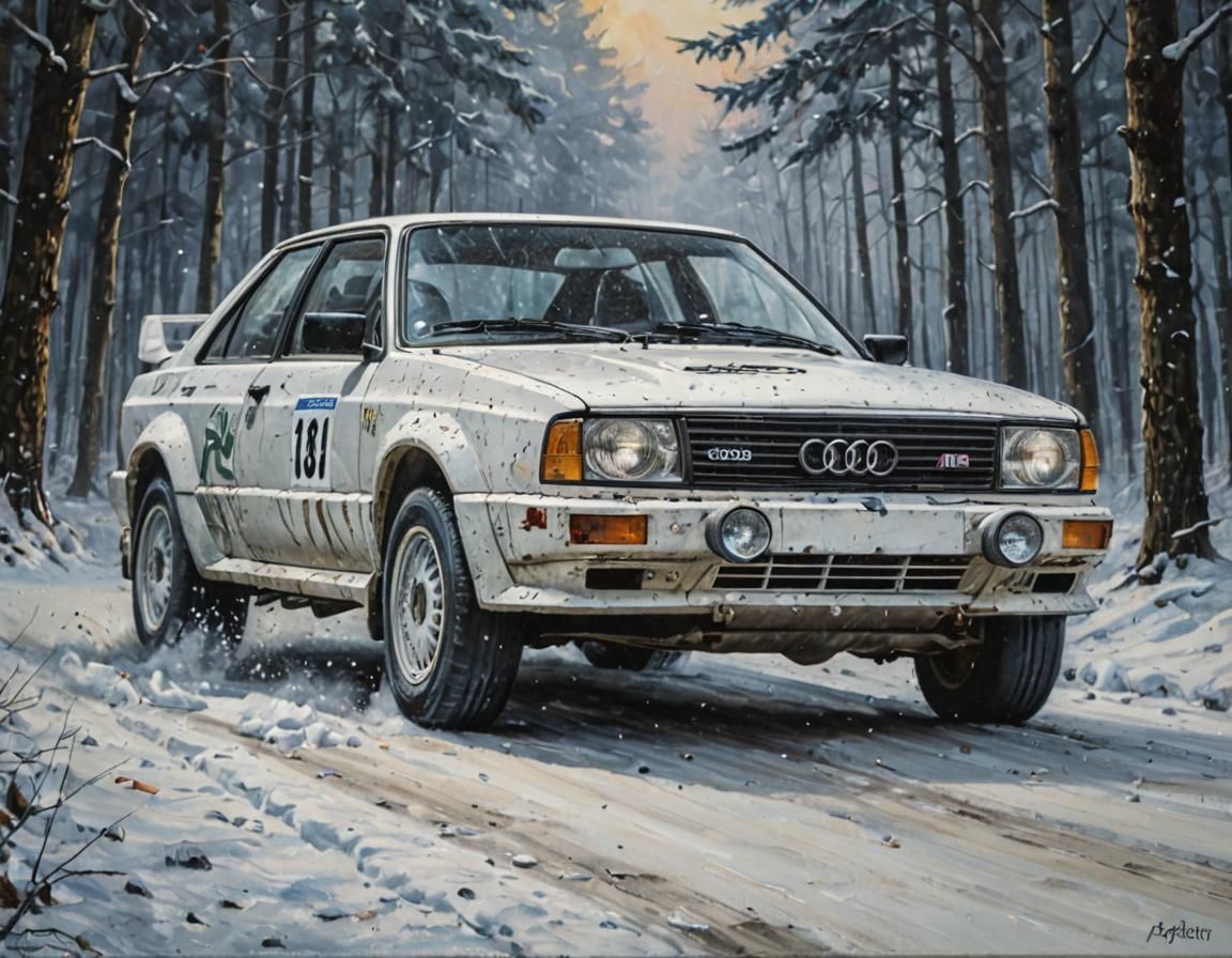 Surreal Winter Rally Car Masterpiece in Distressed Acrylic