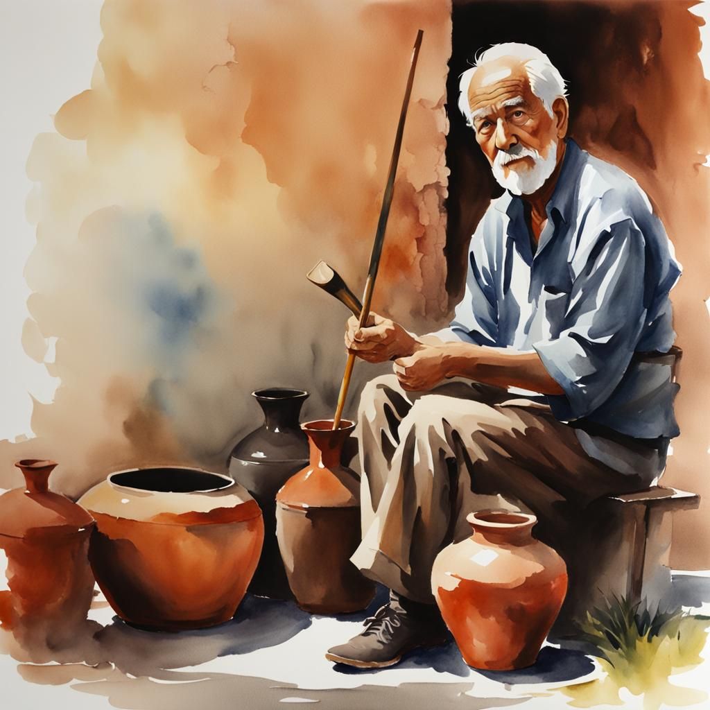 Watercolor of Elderly Master Potter at Work