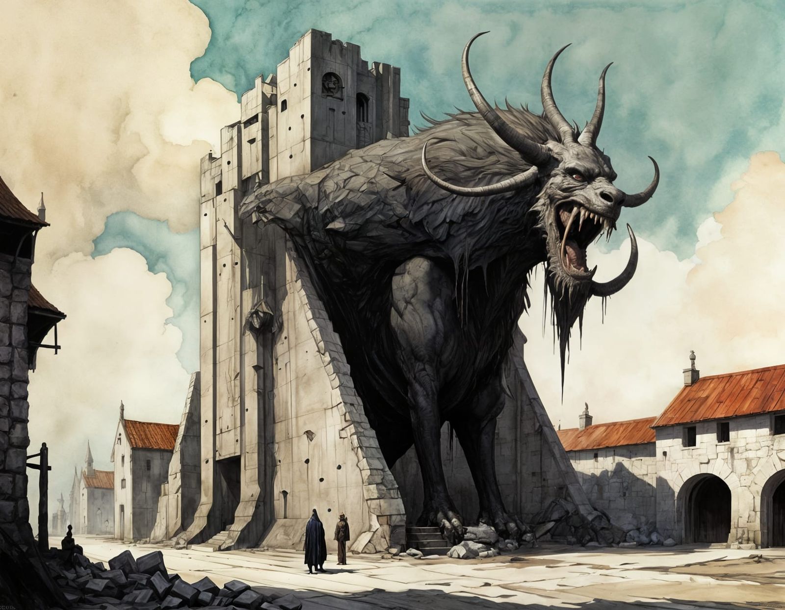 Immense Beast Outside Village Gates in Dark Fantasy Style