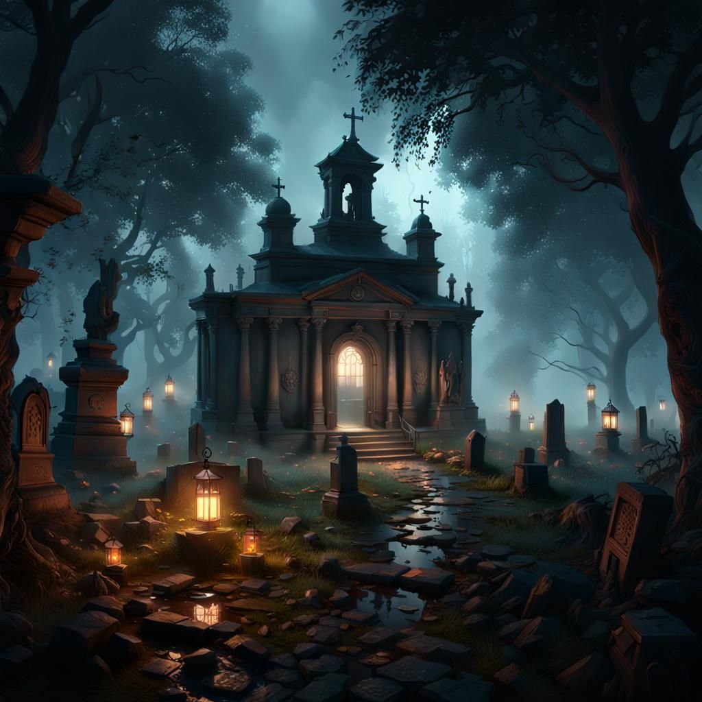 Eerie Graveyard Scene with Fireflies, Dark Fantasy Art