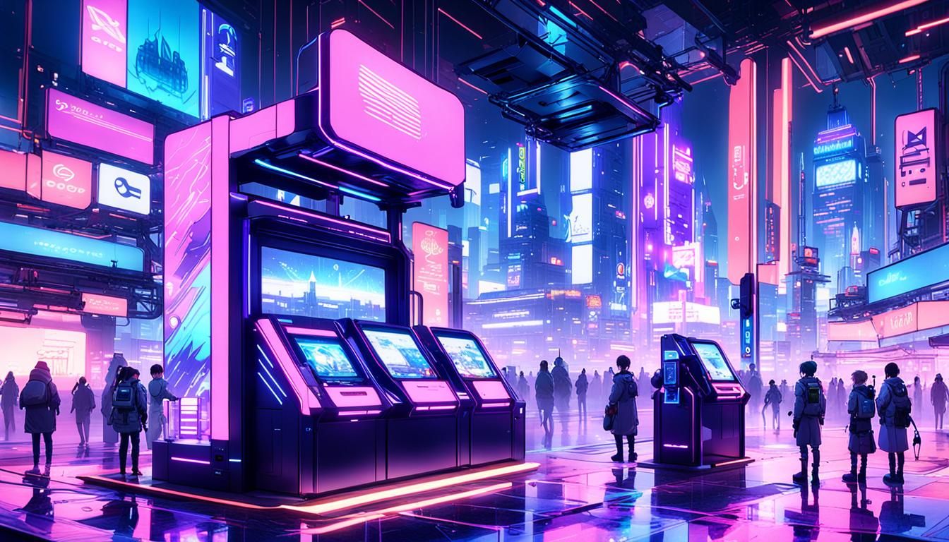 Futuristic Donation Terminal in Neon Cyberpunk City