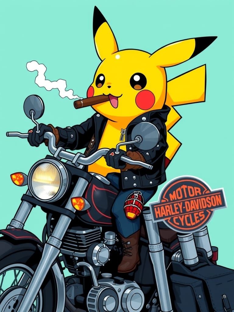 Kawaii art, pickkachu rebel in a Leder Jacket on a harley Da...