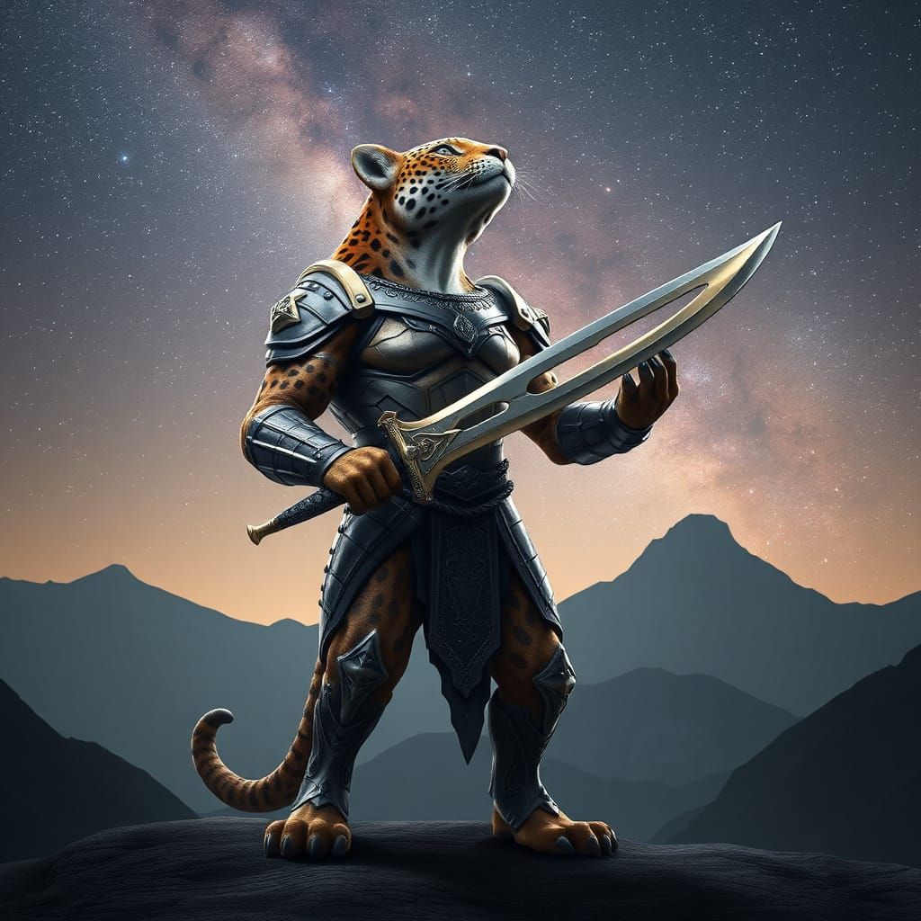 Majestic Bipedal Jaguar Warrior Stands Proud in Starry Skies