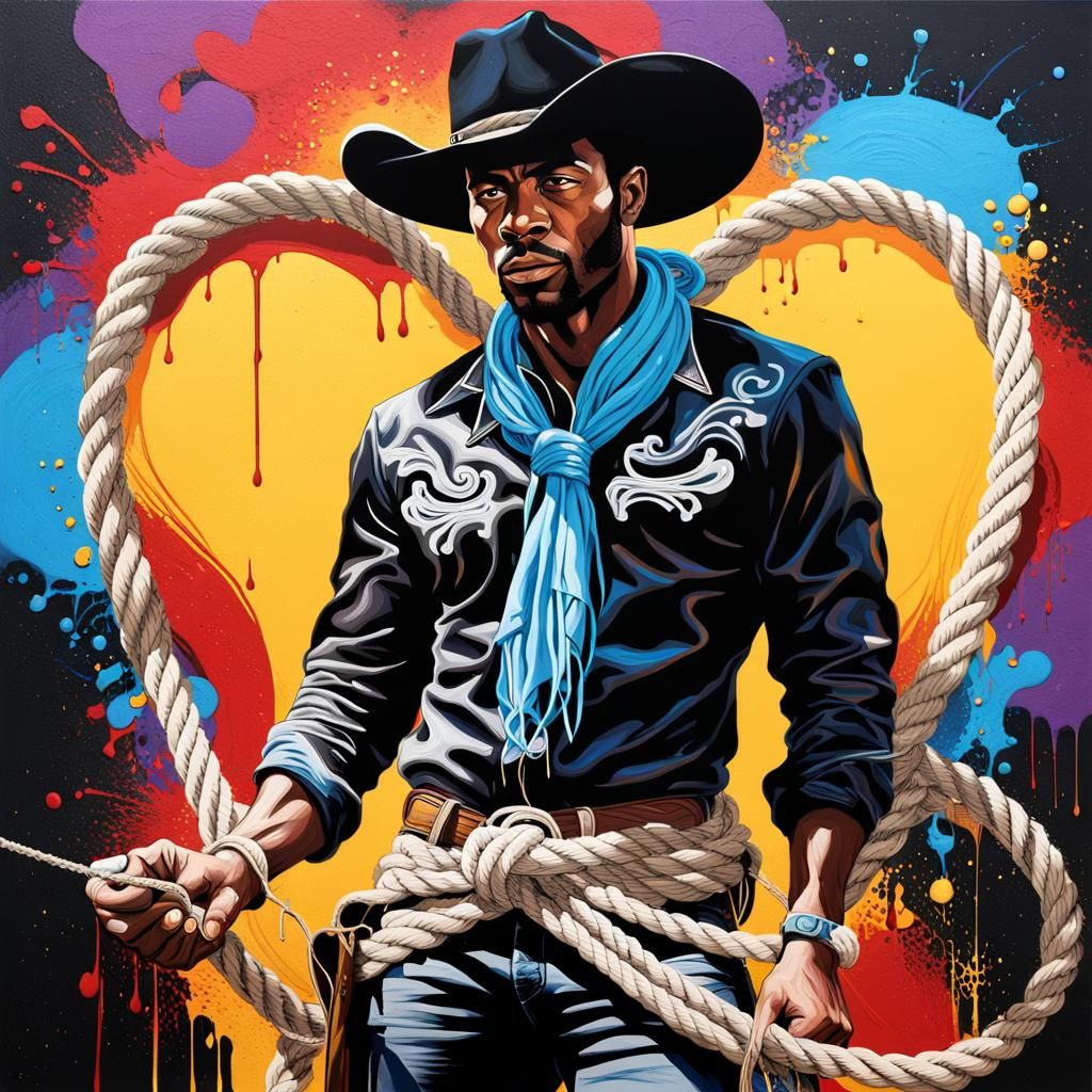 Hyperrealistic Cowboy with Rope Lasso and Graffiti Art