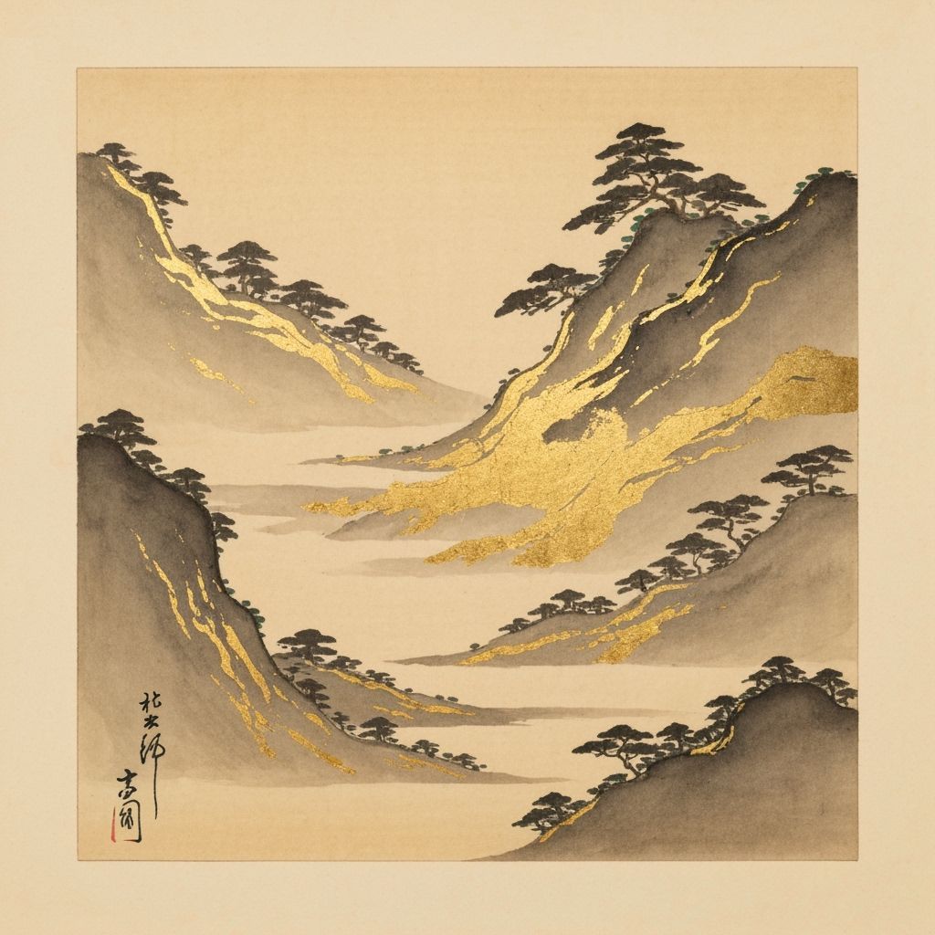 Kintsugi Ink Landscape with Gold Craquelure