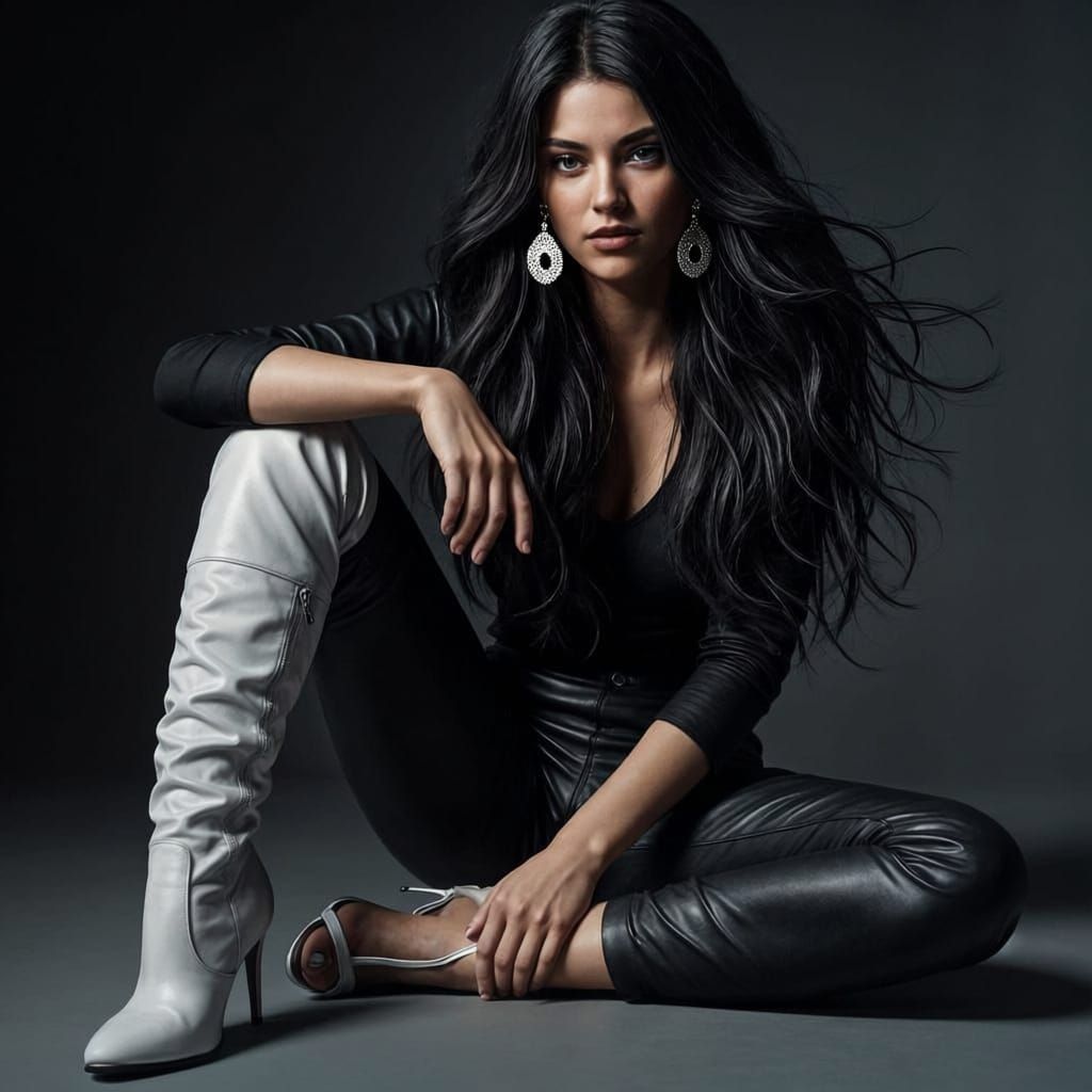 Stunning Girl with Dark Hair, Green Eyes, and Unique Footwea...