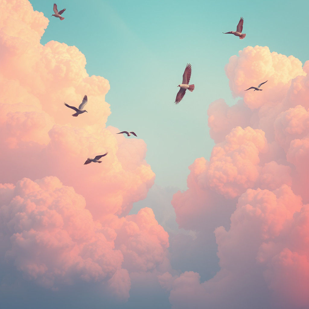 Pastel Sky with Soaring Birds in Dreamy Digital Art