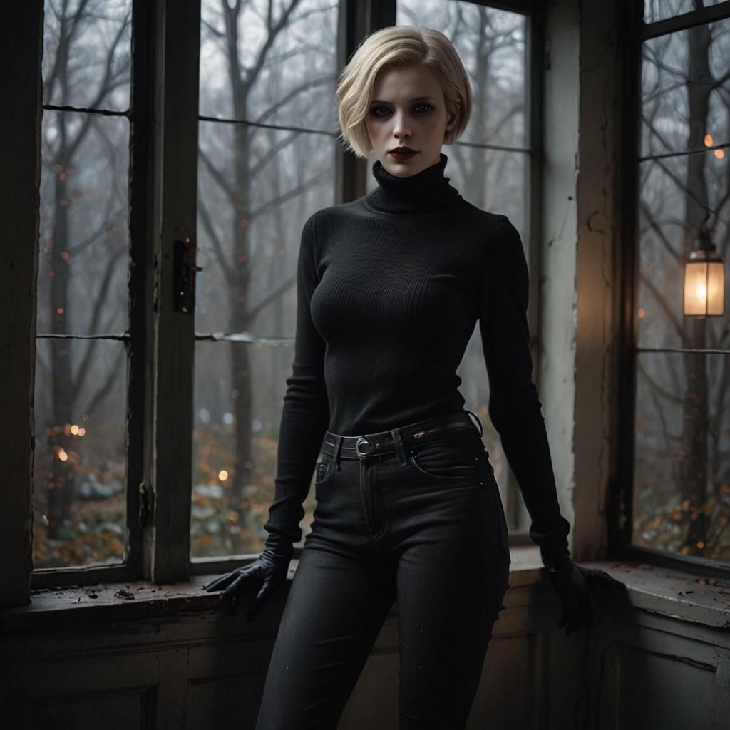 Vampire Woman in Dim Light, Hyperrealistic Photography