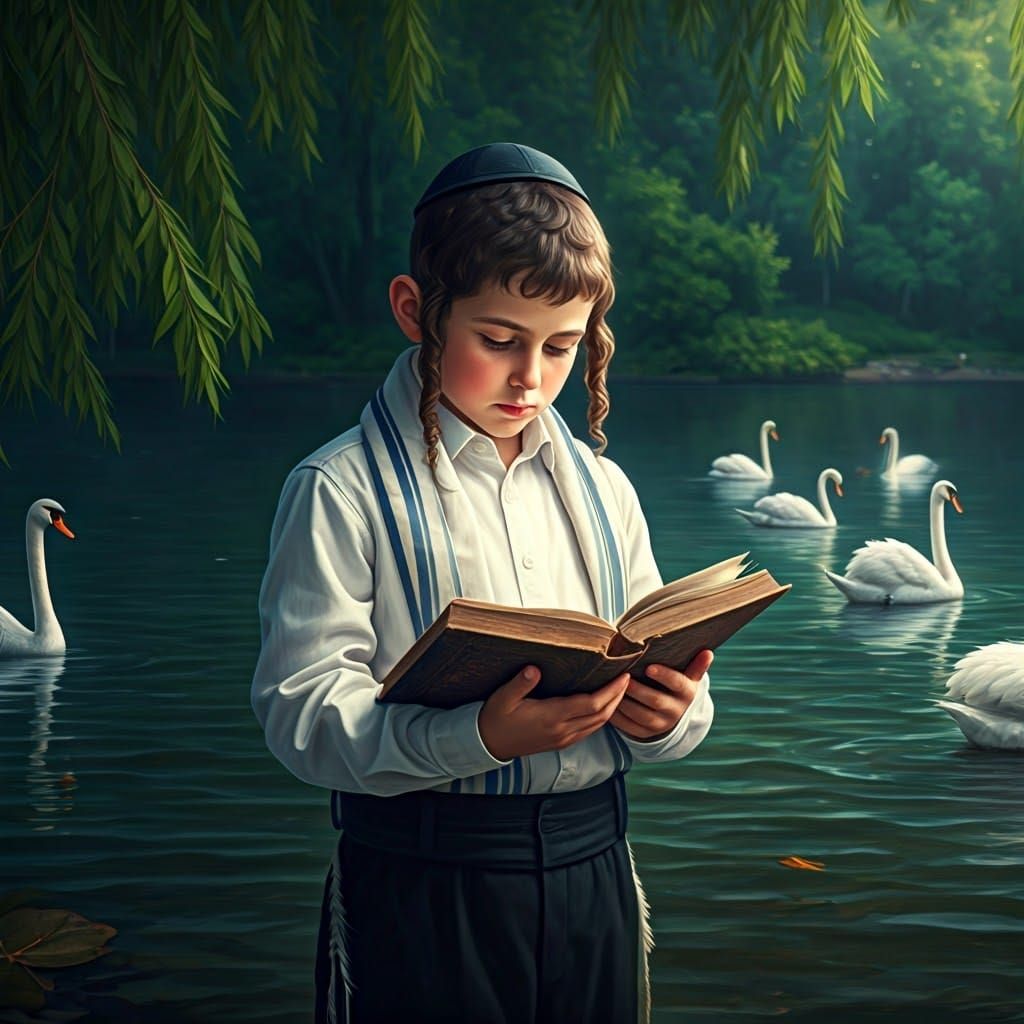 Hasidic Boy with Book by Lake: Matte Painting