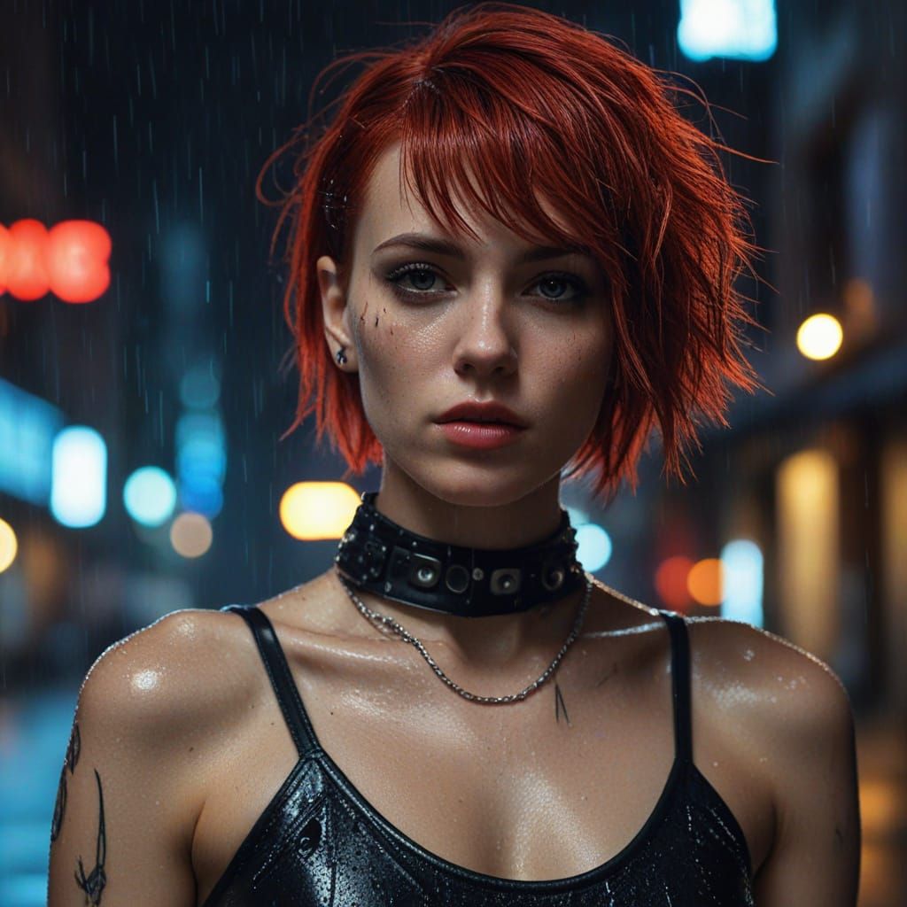 Cyberpunk Woman in Rainy Cityscape with Neon Lights