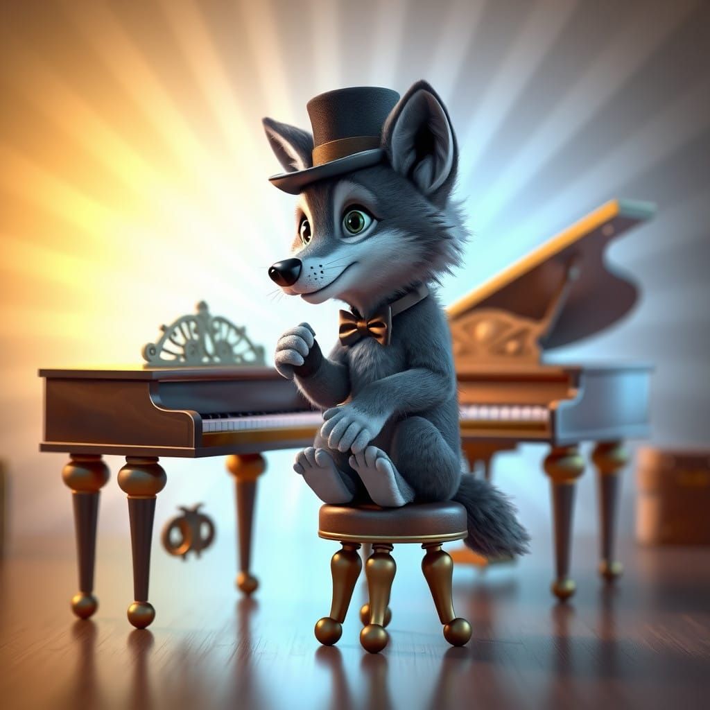 Whimsical Gray Wolf Plays Piano in Enchanted Forest