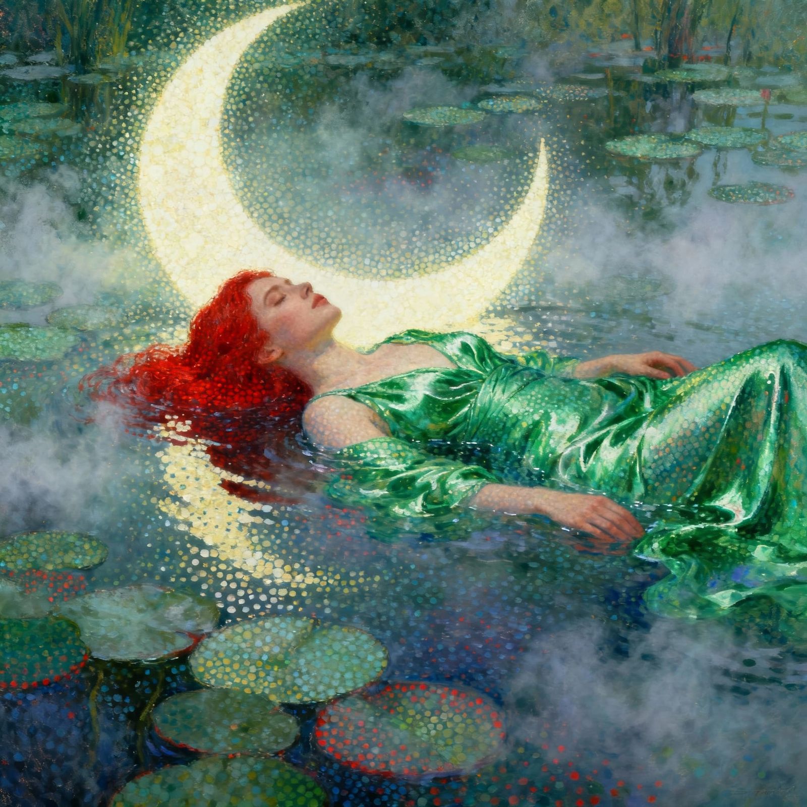 Woman in Green Gown Under Crescent Moon, Pointillism