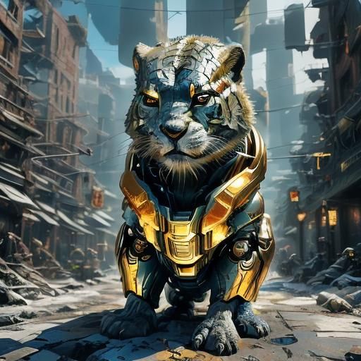 Golden Terminator Cat with Red Eyes