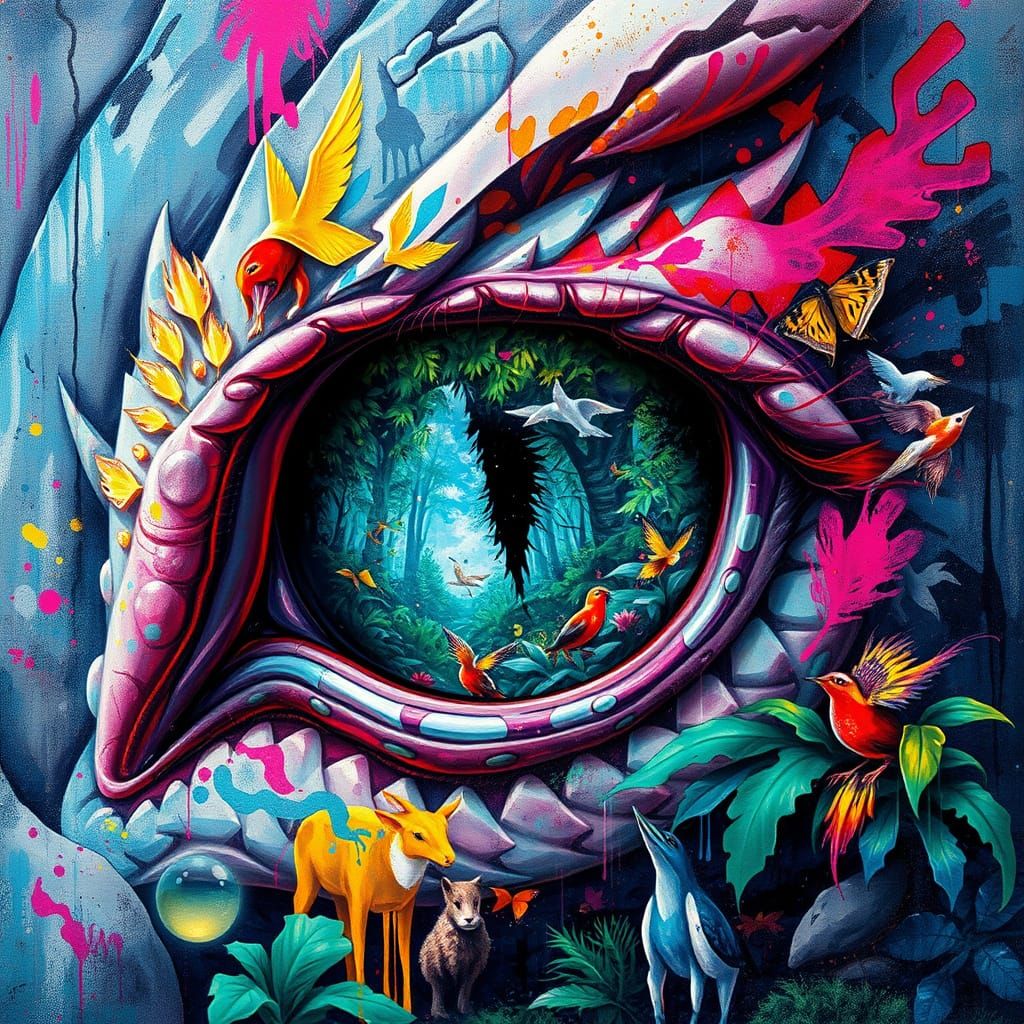 Majestic Dragon Eye Portal to Vibrant Tropical Realm