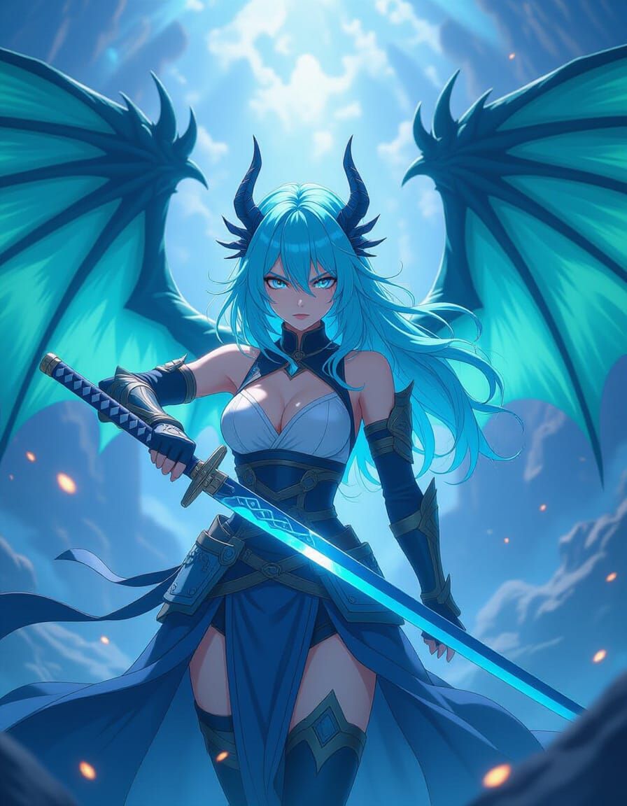 Anime Warrior Woman with Blue Dragon Wings and Katana