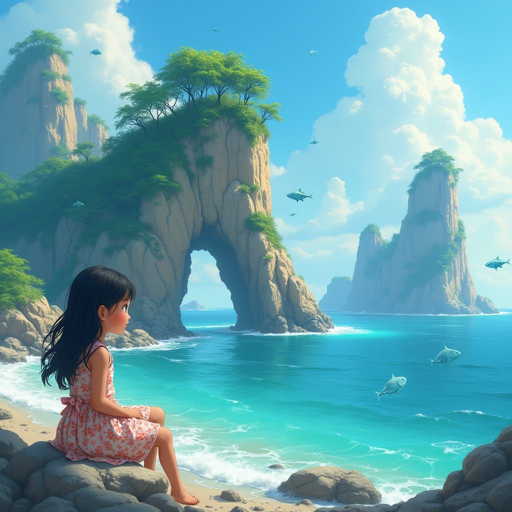 Dreamlike Seascape with Flying Fish, Whimsical Style