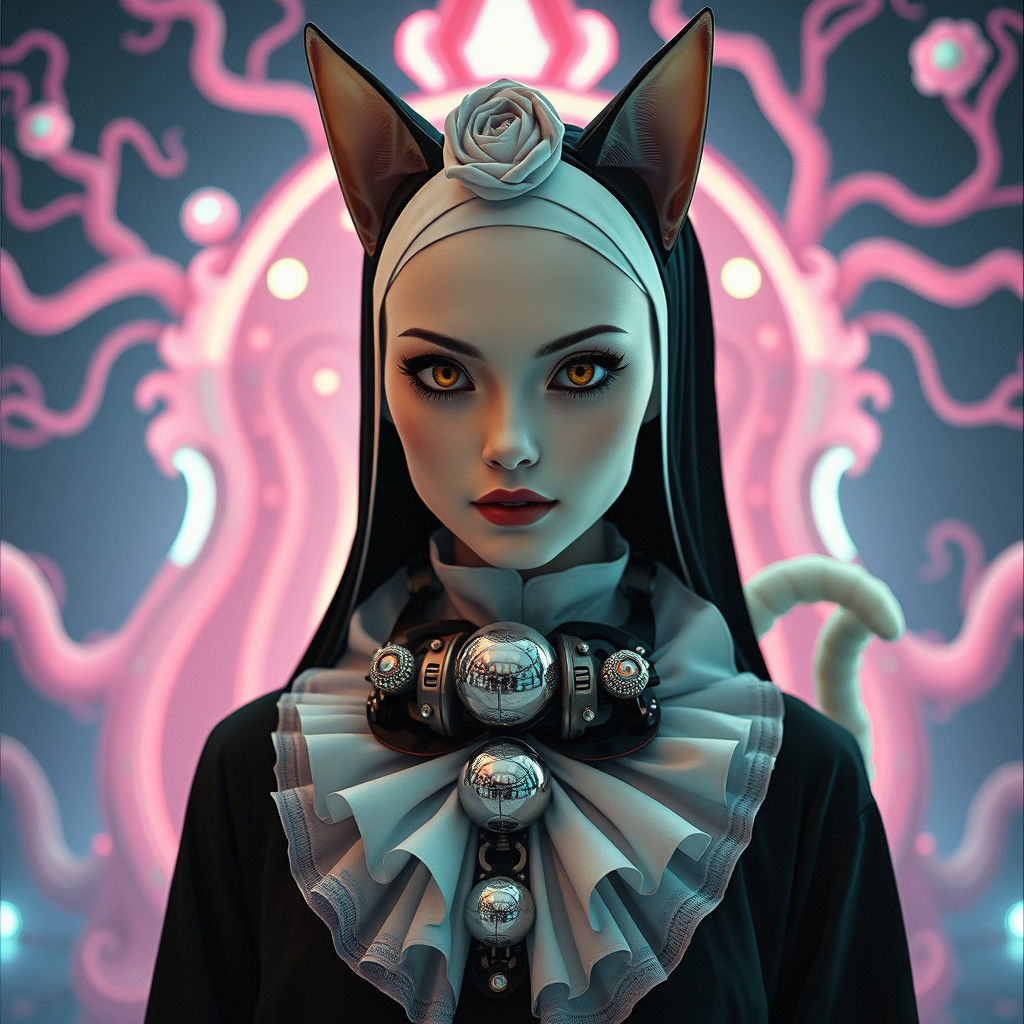 Cyberpunk Cat Nun in Futuristic Temple