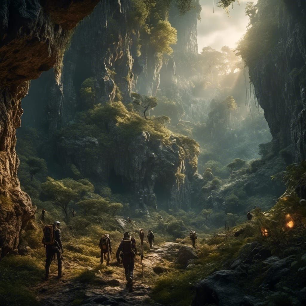 Adventurers Exit Cave at Dawn in a Detailed Matte Painting