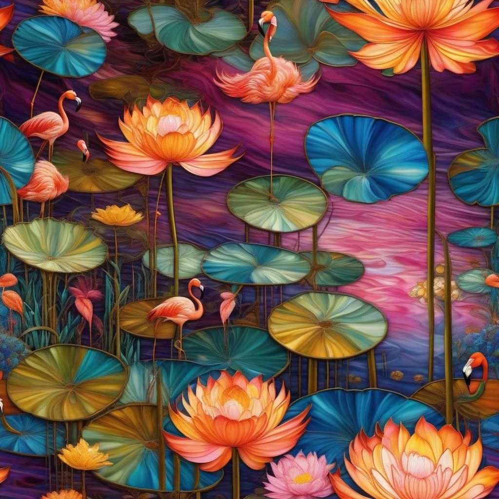 Flamingos in Starry Landscape, Van Gogh Style