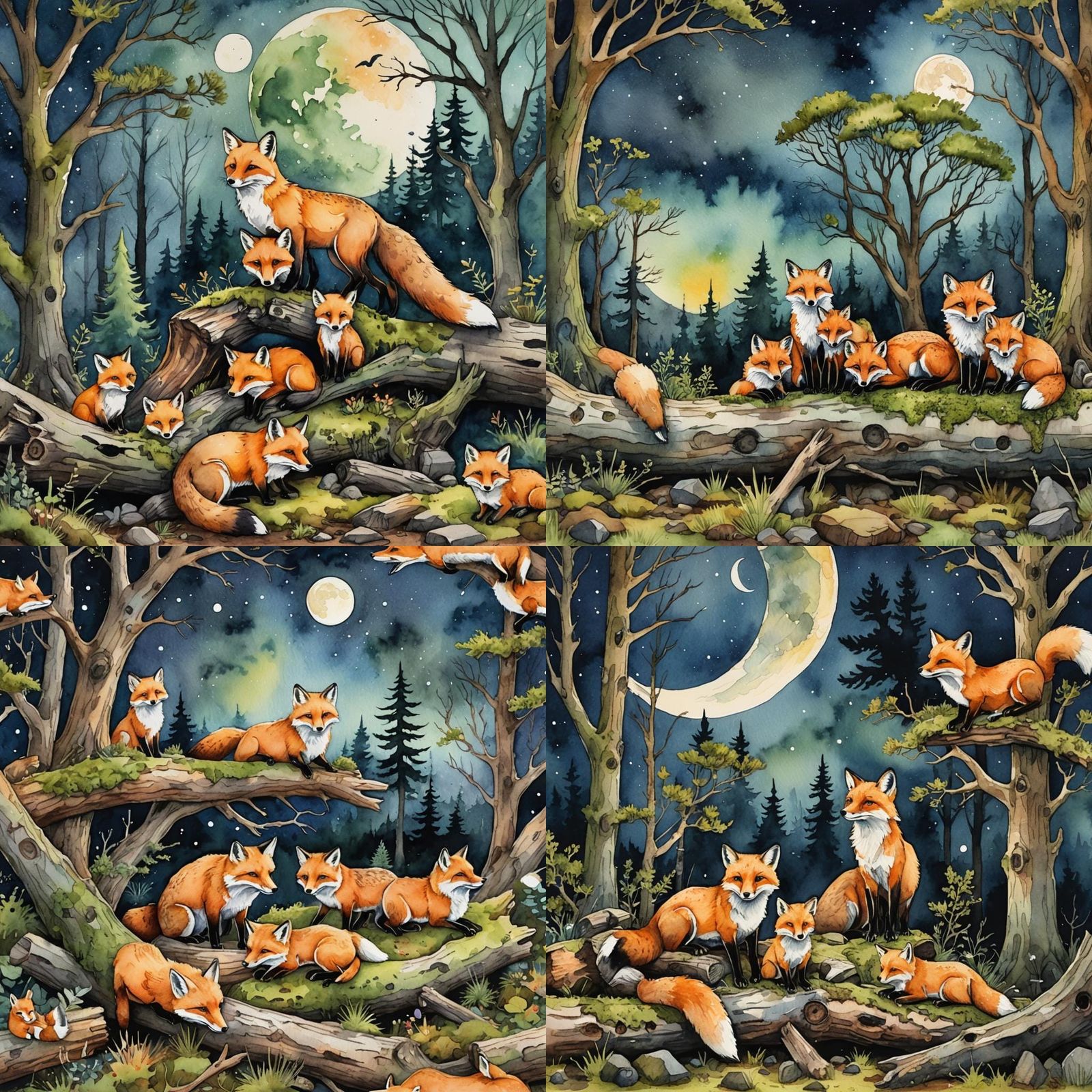 Fox Family in Mossy Den: Watercolor Painting