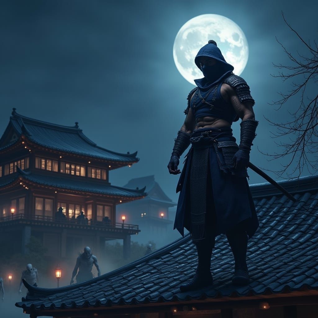 Hyper-Realistic Ninja in Midnight Shinobi Shozuko Armor on J...