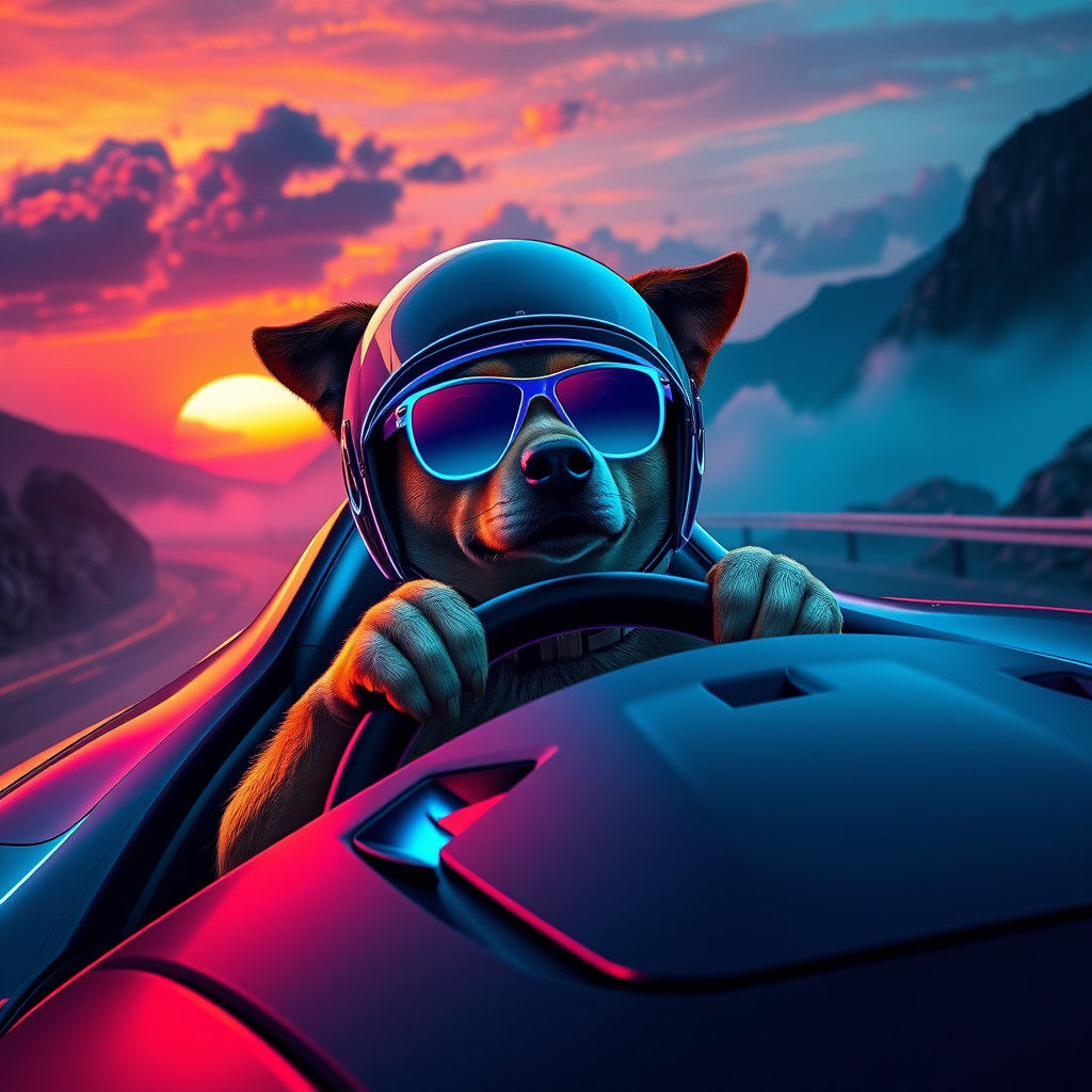 Cyberpunk Dog Drives into Sunset