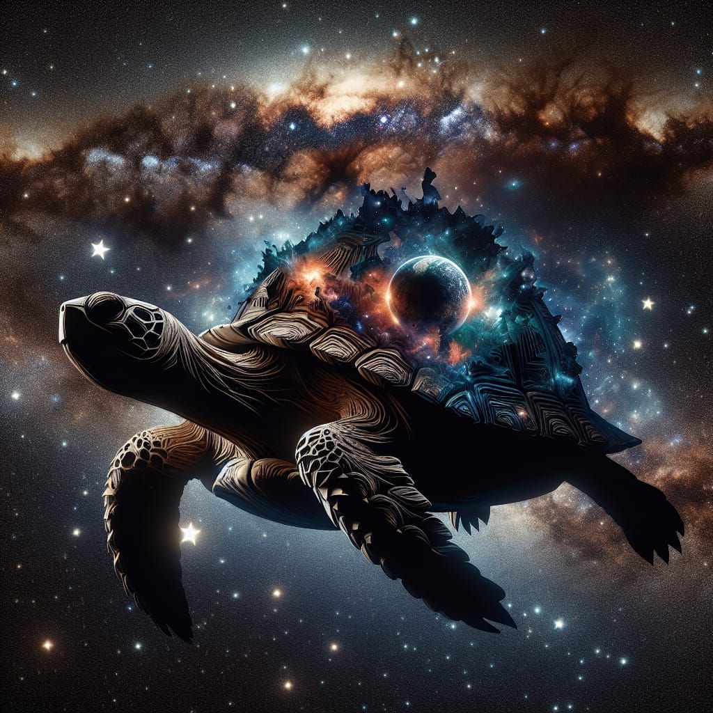 Cosmic Paper Turtle with Planet Shell in Space