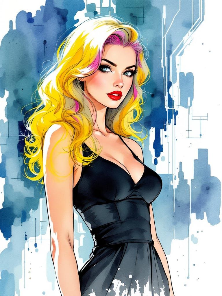 Pin-Up Woman in Silk Dress with Pink Tipped Hair