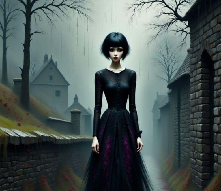 Gothic Woman in Rainy Gaelic Town, Watercolor Style