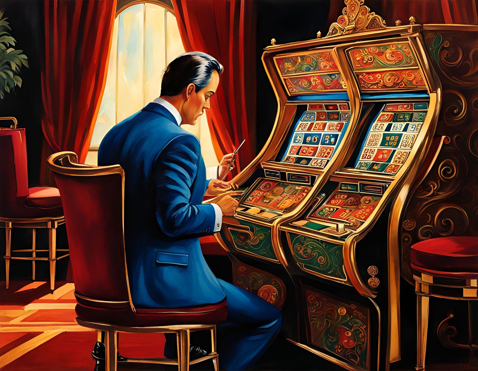 Man Playing Solitaire in Retro Folk Art Style