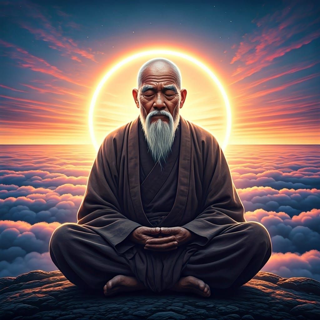 Meditating Sage on Misty Peak in Golden Light