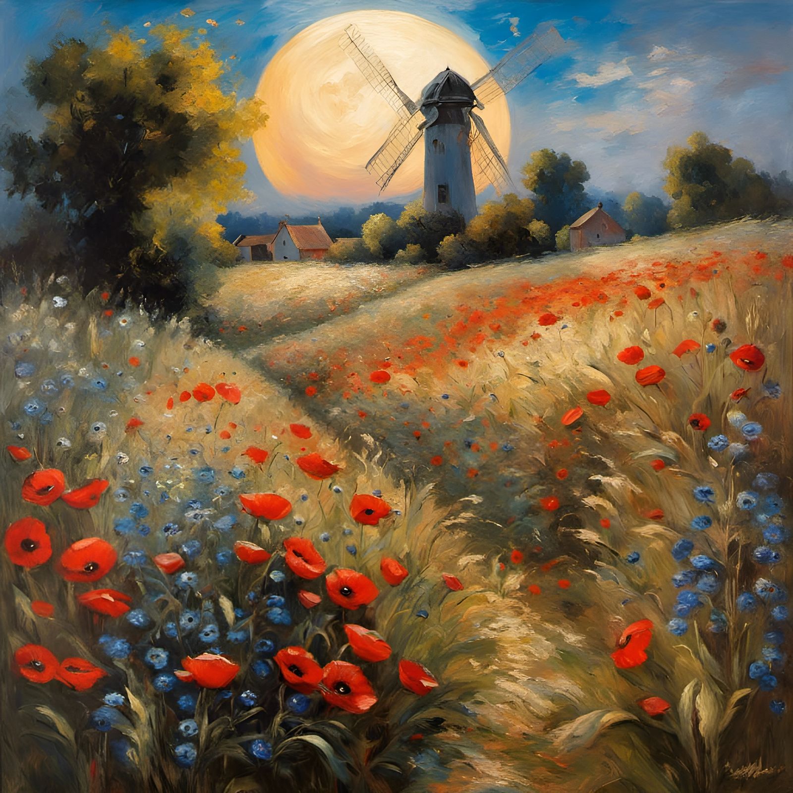 Impressionist Windmill Farm at Night