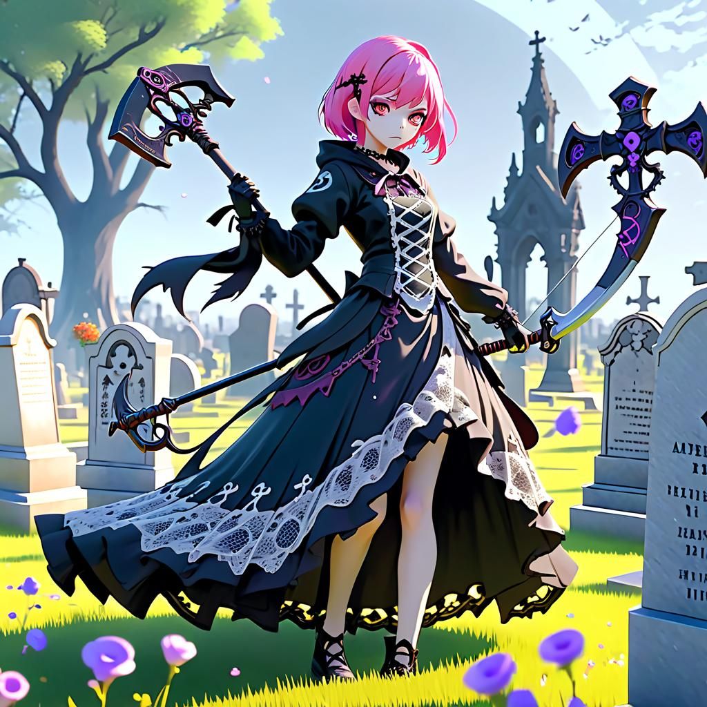 Pink Haired Reaper with Scythe: Anime Art