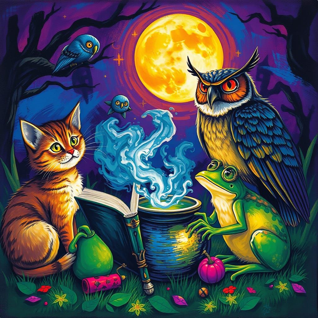 Halloween Gathering: Cat, Frog, Owl, Spell Book & Cauldron