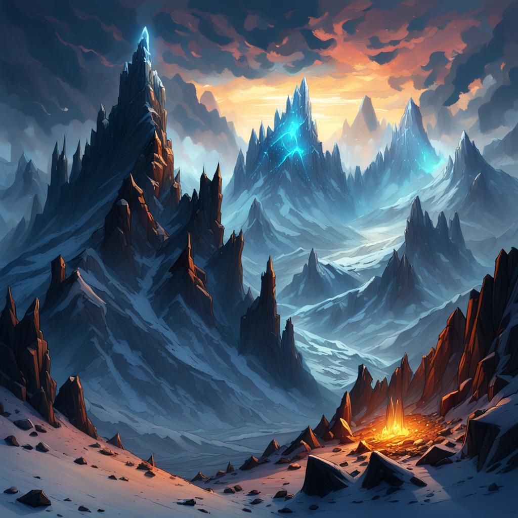Ethereal Blizzard Engulfs Cursed Mountain Range with Glowing...
