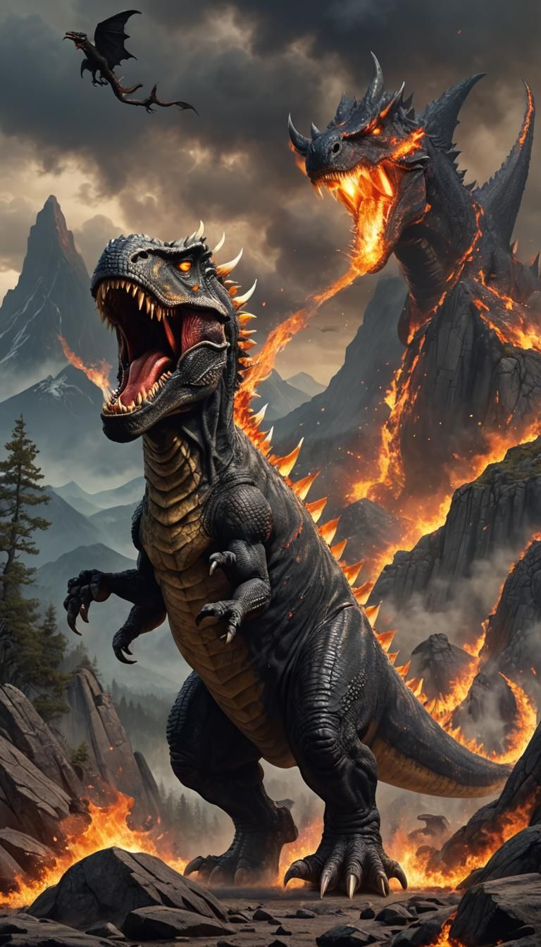 Dark Fantasy T-Rex with Dragon Horn and Fiery Aura