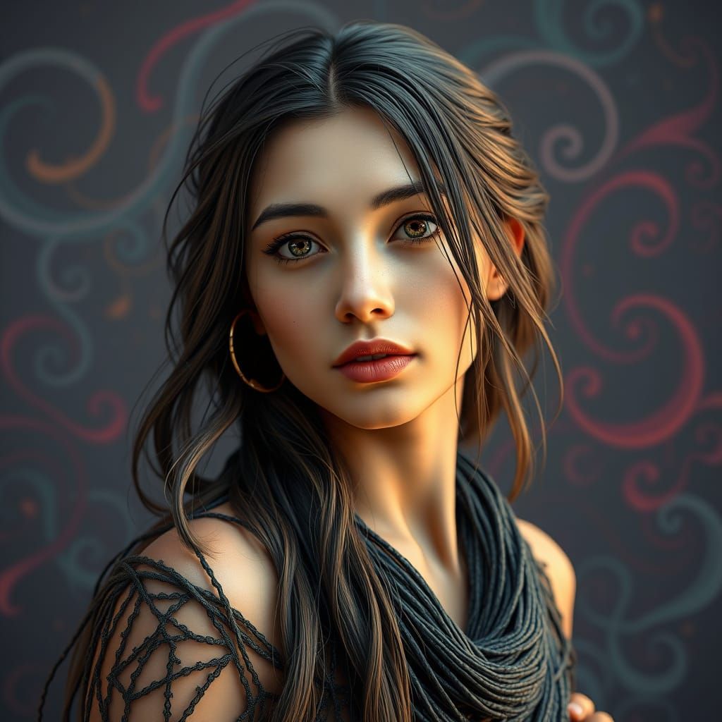 full length image, an accurate string art depicting an attra...