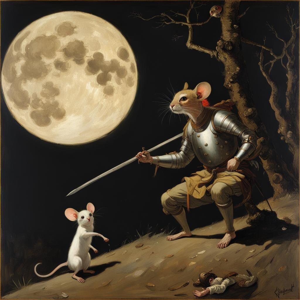 Moonlit Mouse Warrior: Baroque Expressionist Scene