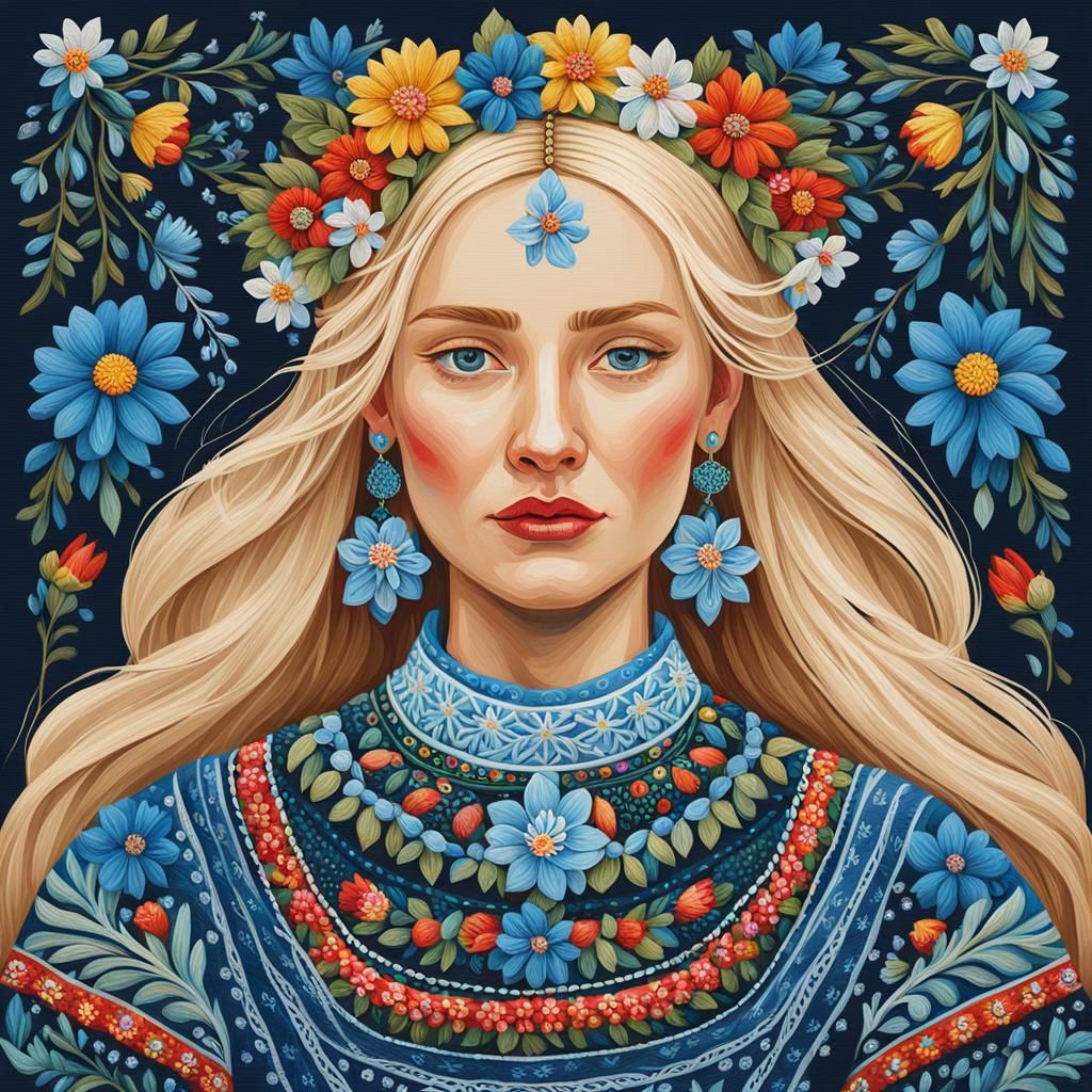 Folk Art Portrait of a Russian Girl in Slavic Dress