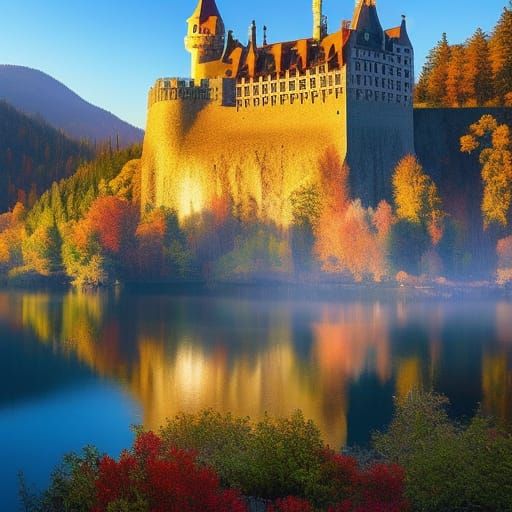 Radiant Victorian Castle Reflected in Lake