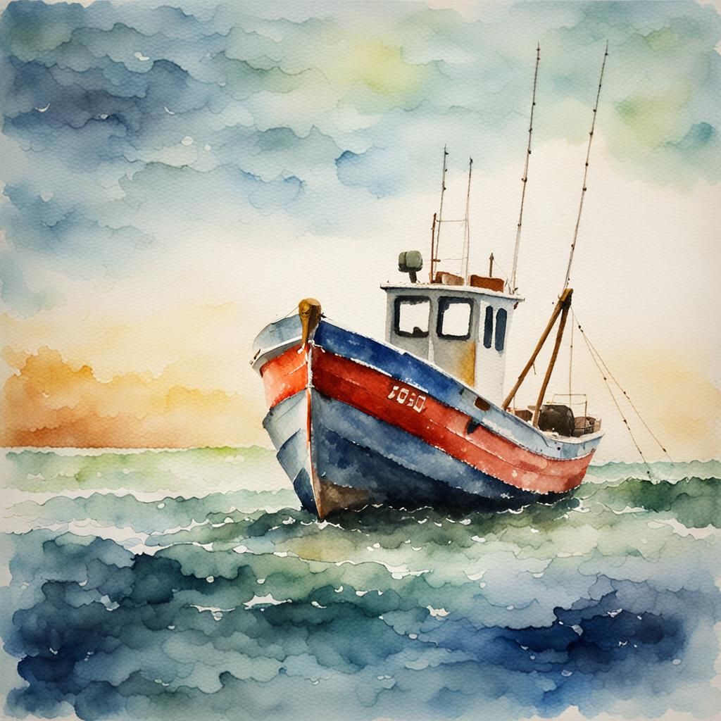 Fishing Boat on Wild Sea in Watercolor