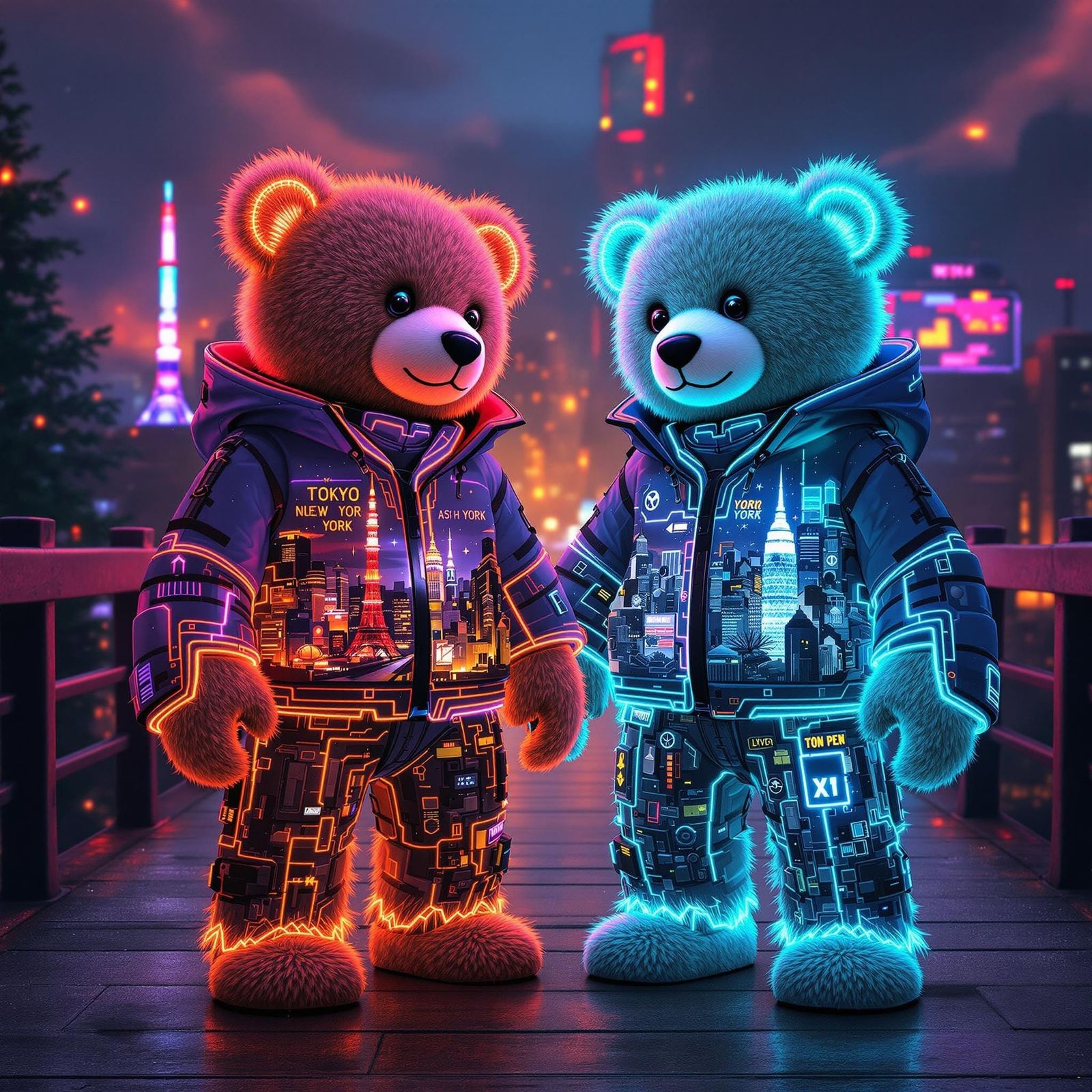 Cyberpunk Teddy Bears Form Futuristic Bridge