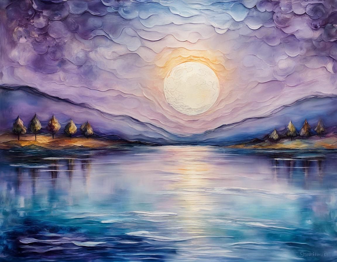 Glowing Moon Reflected in Lake: Encaustic Art