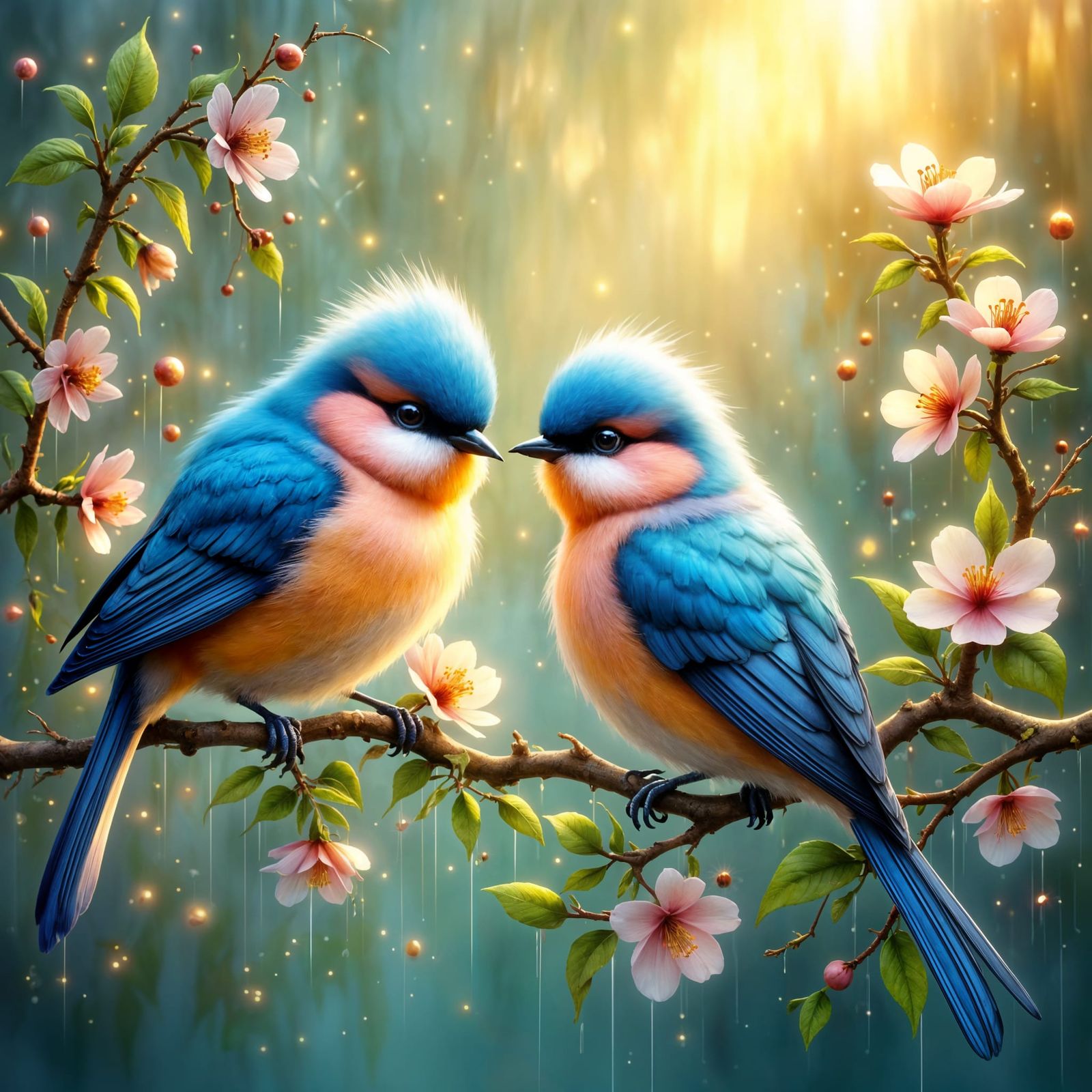 Ethereal Lovebirds in Dreamy Fantasy Forest