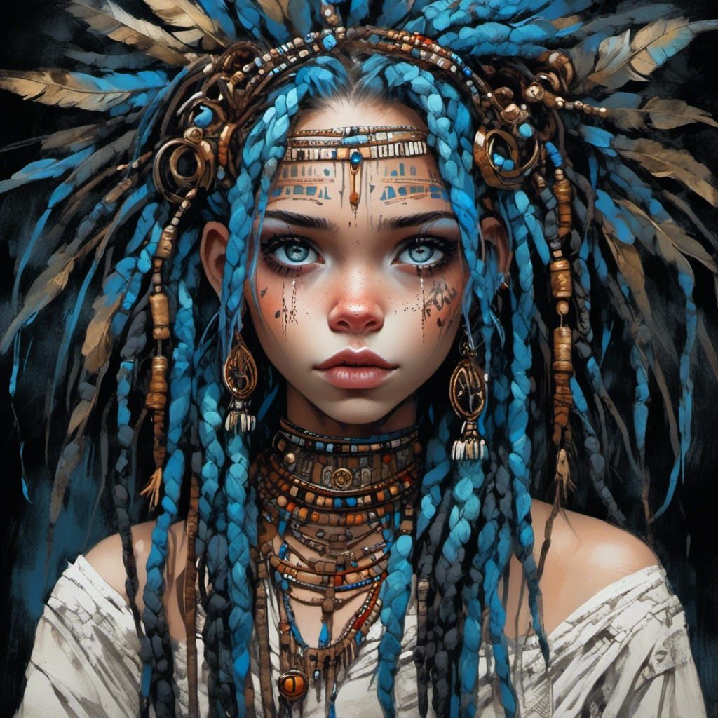 Mysterious Woman with Blue Dreads in Expressive Painted Art